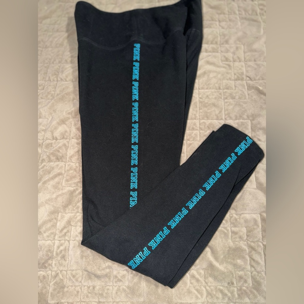 PINK Victoria's Secret Black Leggings with Teal Logo Stripe